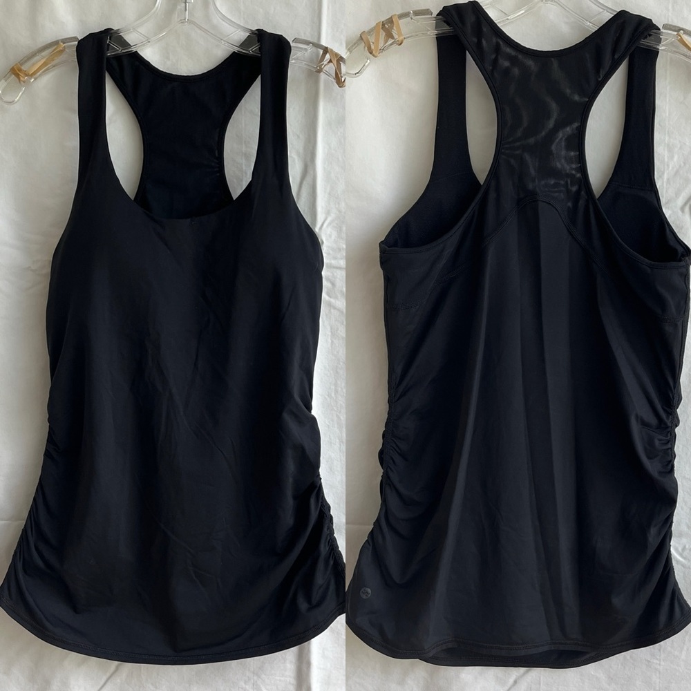 Via Mia Racer back tan top, black, no size tag, padded inner bra, approx. sz M/L